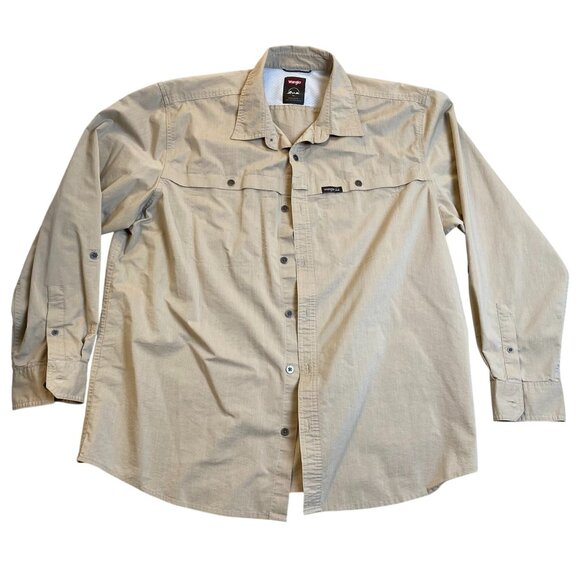 Wrangler Mens Long Sleeve Shirt XL Khaki Gorpcore Caped Vented Hunting Fishing - Picture 1 of 11